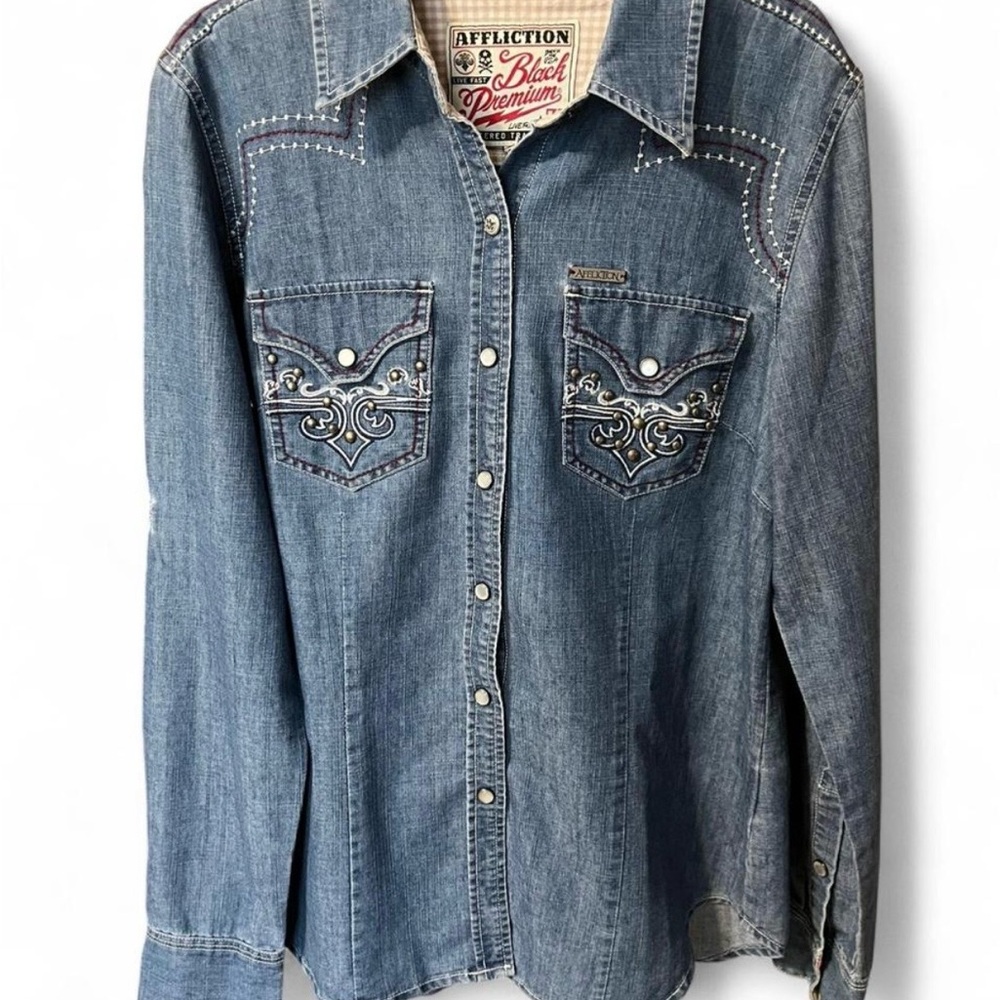 Affliction Black Premium Label Patch Shirt with Red and Black Logo